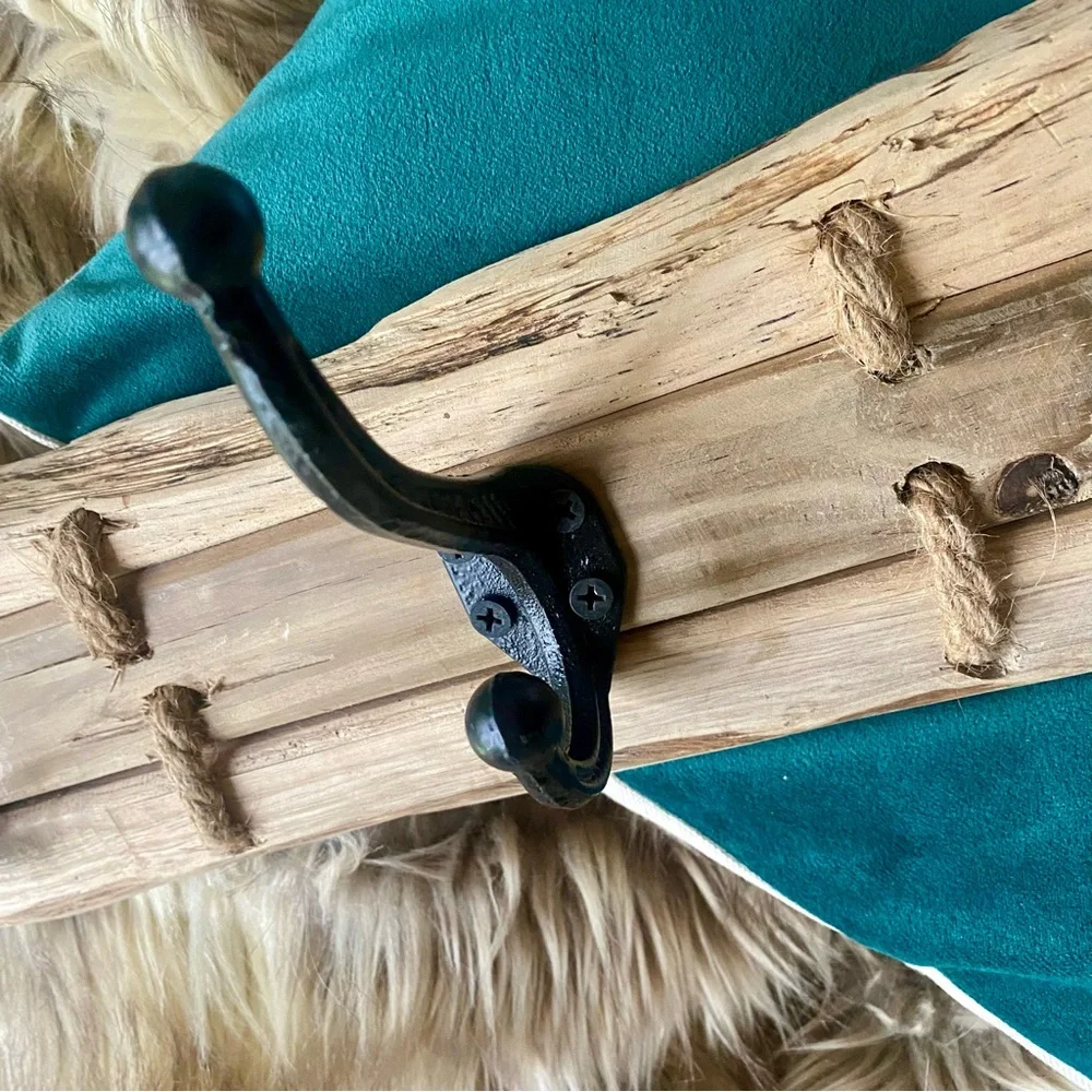 Hand Crafted Natural Live Edge Wood, w/5 Wrought Iron Hooks, & Jute rope.